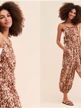 Anthropologie Brown Tie-Shoulder Printed Jumpsuit
